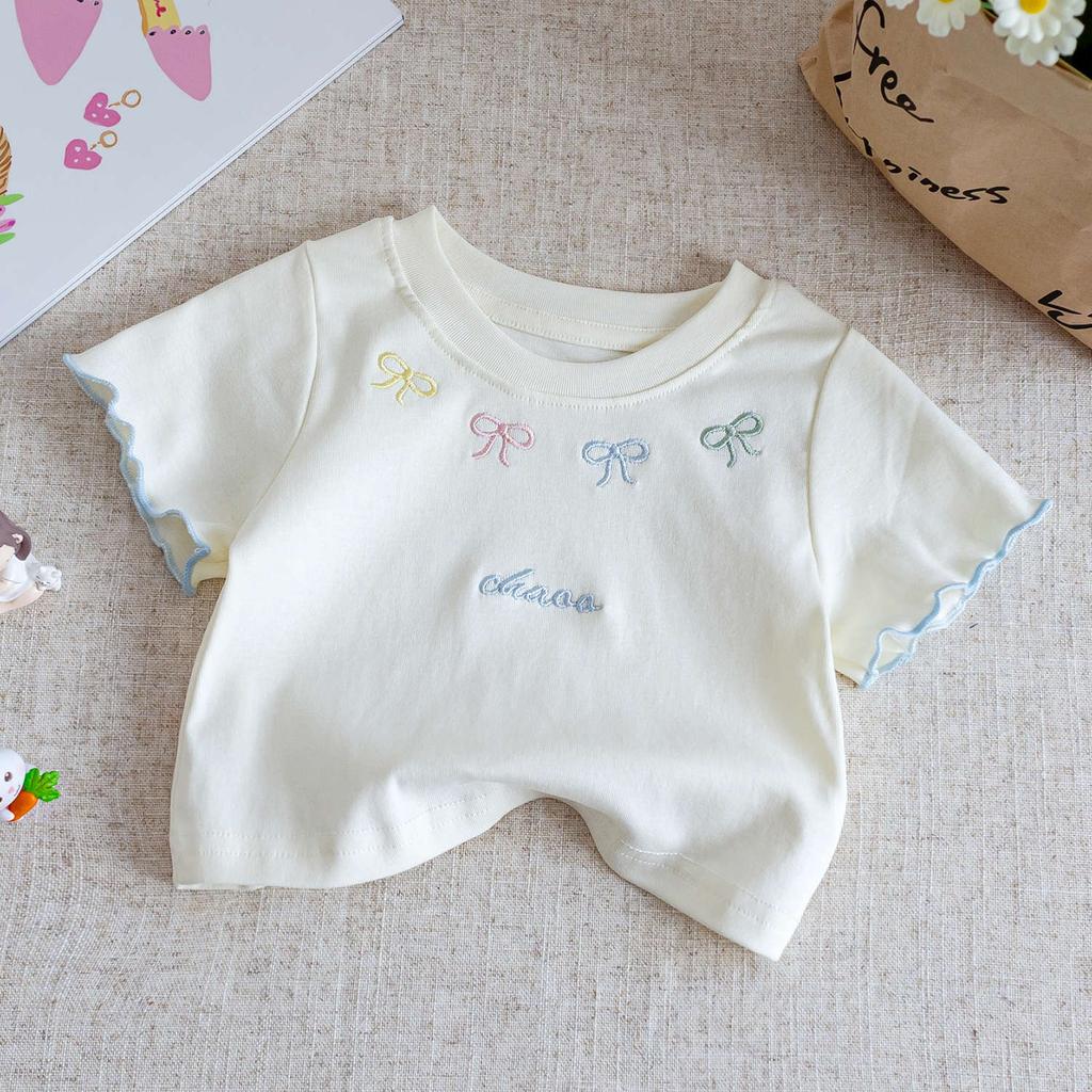 Girls Summer Cute Bow Short Sleeve T Shirt And Denim Shorts Set Baby Casual Two Piece Outfit