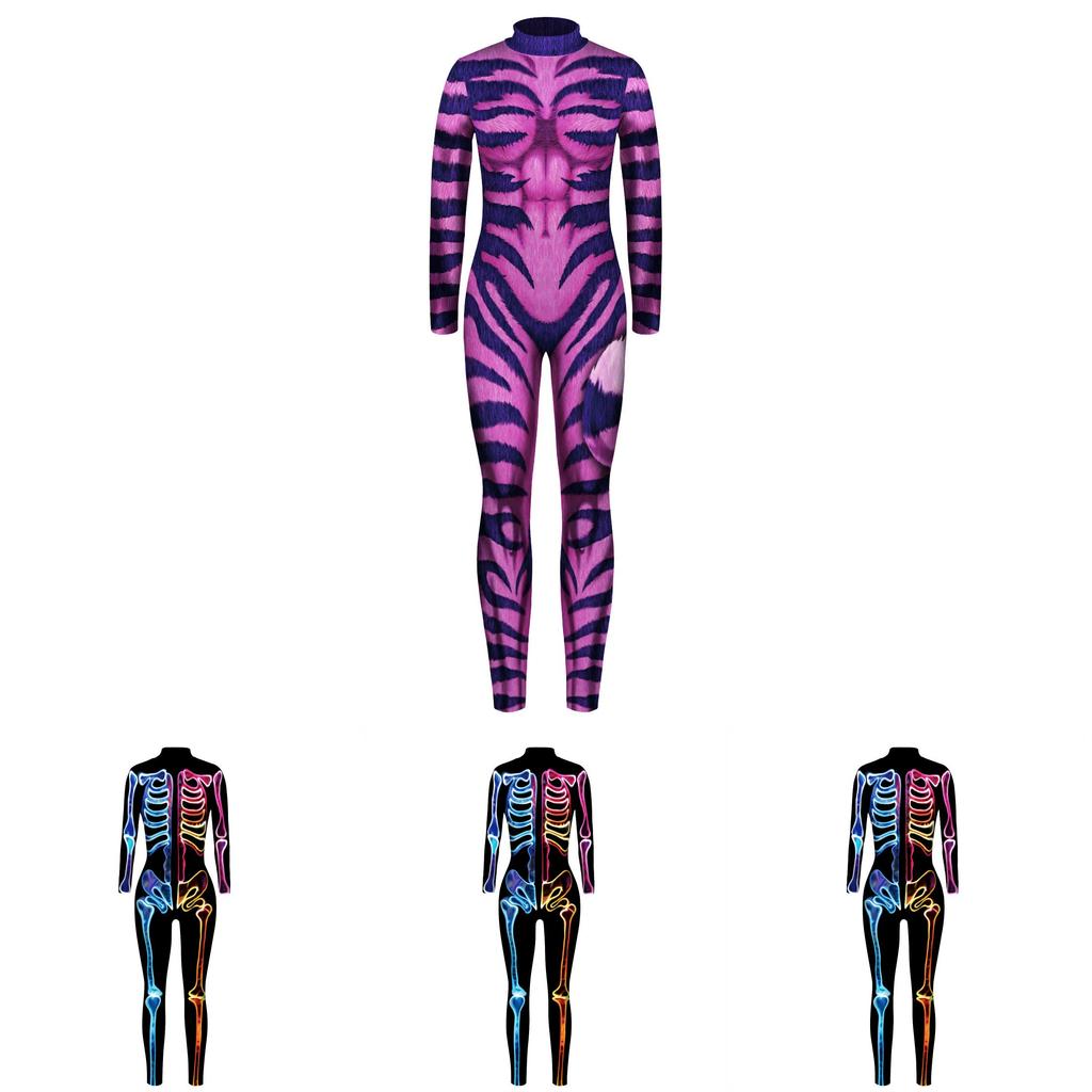 Spooky Skeleton Print Long-sleeved Jumpsuit Halloween Costume For Adults Kids