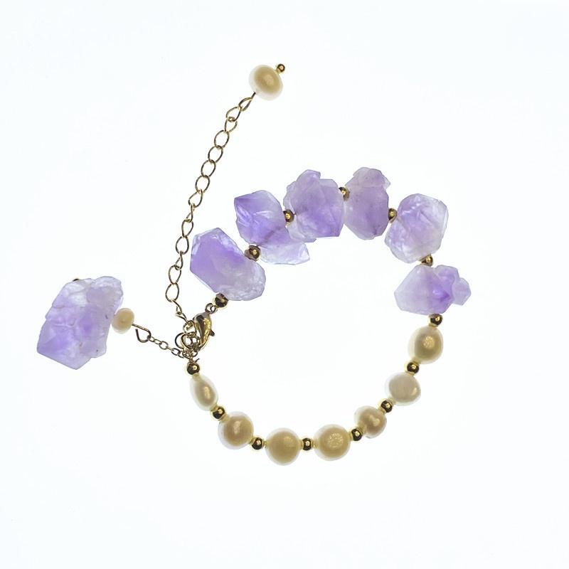 Women Girls Freshwater Pearls Bracelet Irregular Natural Stone Amethysts Purple Crystal Oval Shape Pearl Golden Bangle Jewelry