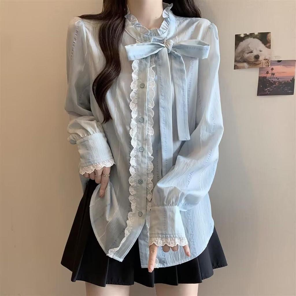 Blue Round Neck Bow Women's Shirt Long Sleeved Loose Casual Female's Shirts Single Breasted Woman's Spring/summer Blouses