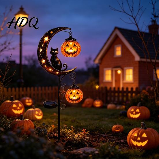 Atmospheric Porch Decoration for Halloween Solar Metal Garden Stake Light Auto On/Off Crescent Moon Black Cat with Hanging Powered Night Decor