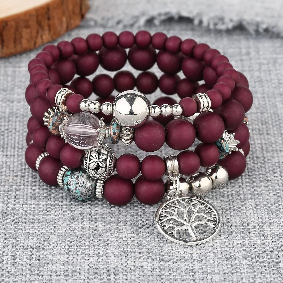

4pcs Bohemian Life Tree Women s Beaded Multi layered Bracelets Holiday Collection Accessories 17.5cm
