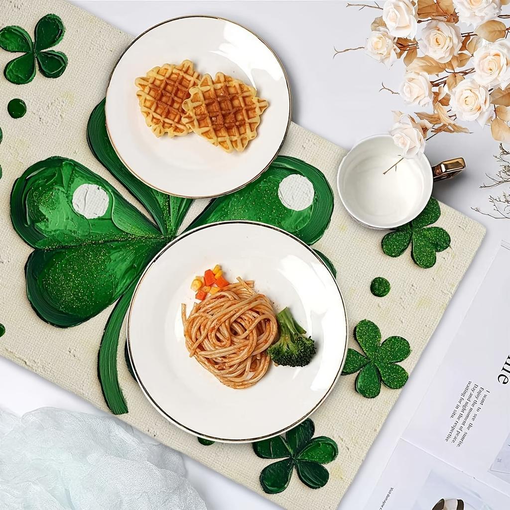 1 Set White Dot Shamrock Lucky Irish St. Patrick'S Day Placemat, Seasonal Spring, 12 x 18 inches, Polyester 100%, Hand Wash Only, Woven