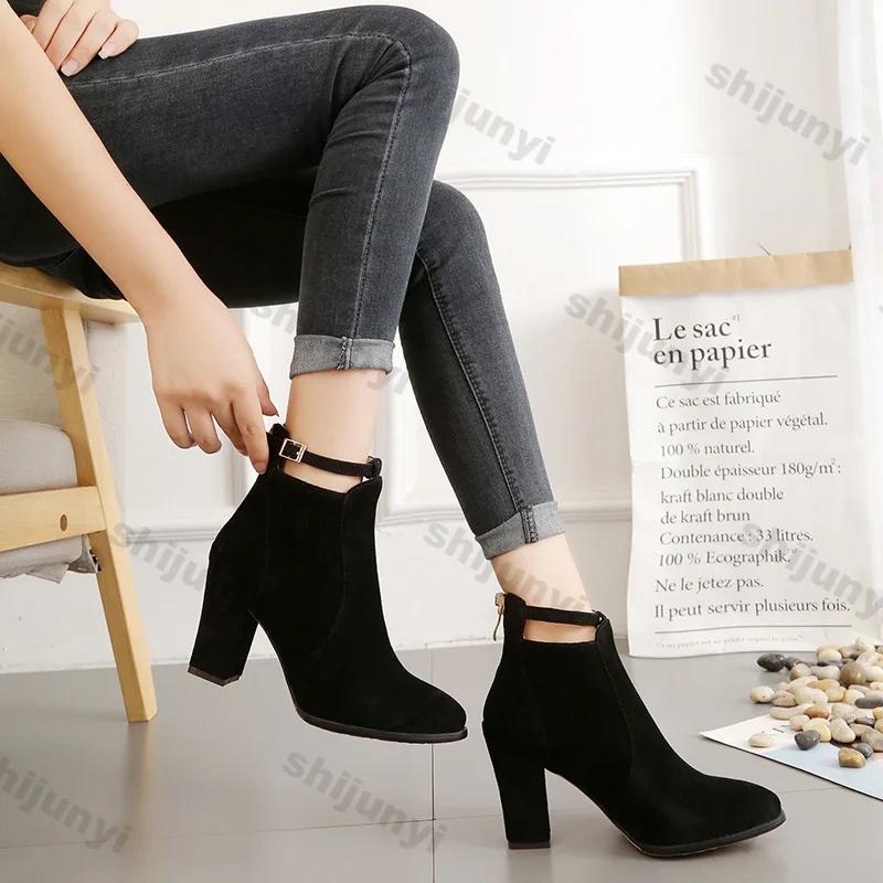Fashion Woman Suede High Heel Ankle Boots British Style Fashion Thick Heel Pointed Back Zipper Boots Women Square Heeled Short Booties
