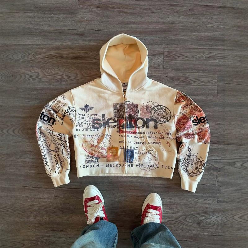 Unisex Retro Stamp Print Zip-Up Hoodie With Embroidery Pocket Loose Fit Streetwear Sweatshirt Fall