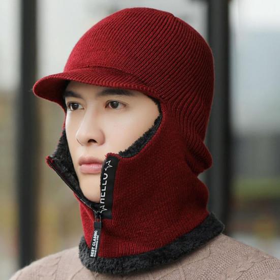 Thermal Hat Zipper Opening Fleece Lining Knitting 2 In 1 Solid Color Men Neck Guard Cap Hat for Sport
