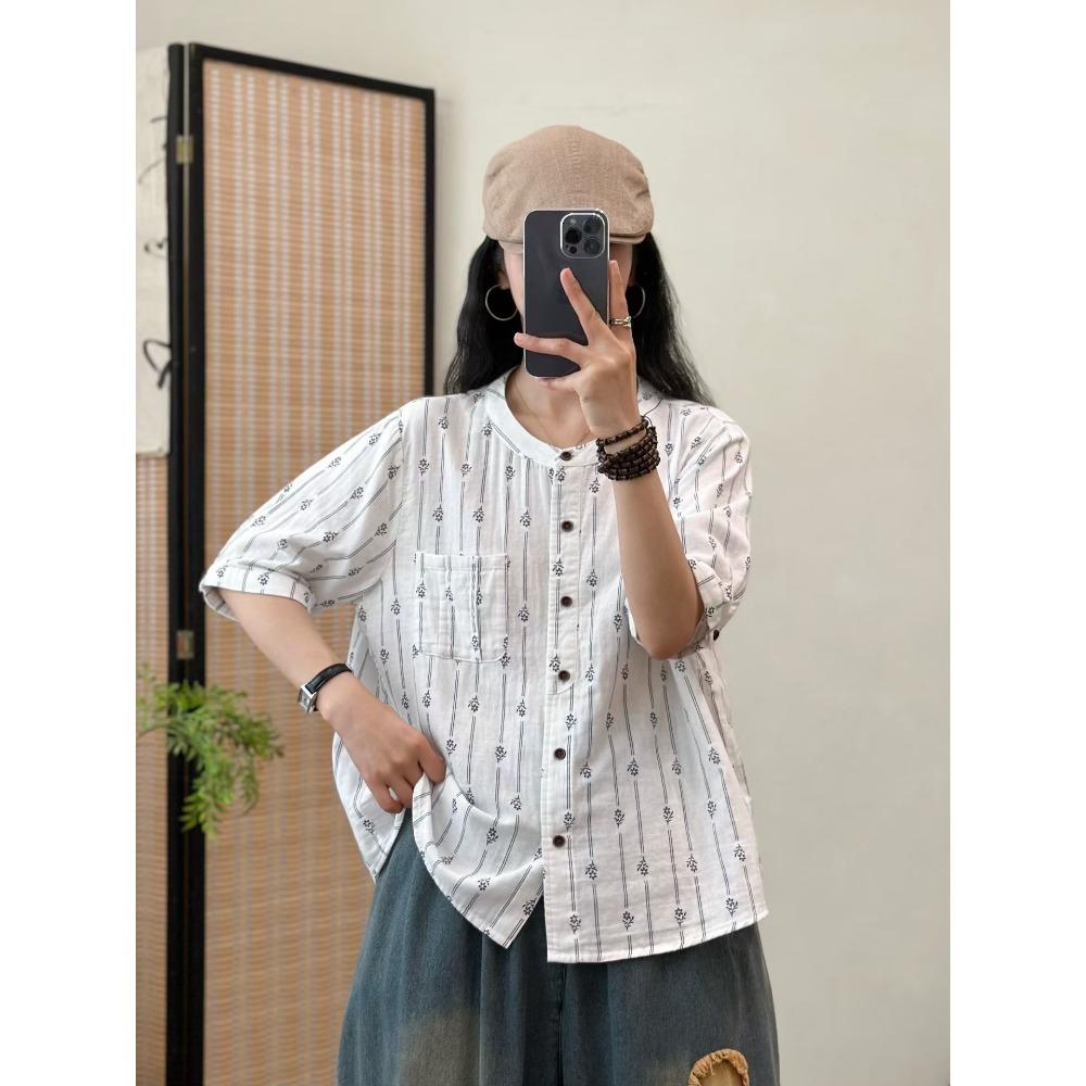 DIMANAF 2026 Plus Size Summer Women Blouse Shirts Tunic Oversize Loose Casual Cotton Linen Lady Tops Vintage Print Floral