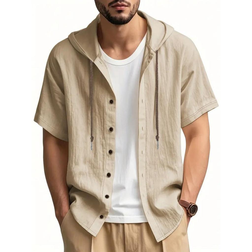 Men's Cotton Linen Shirt Short Sleeve Breathable Lightweight Solid Color Drawstring Hooded Shirts Casual Classic Simple Tops