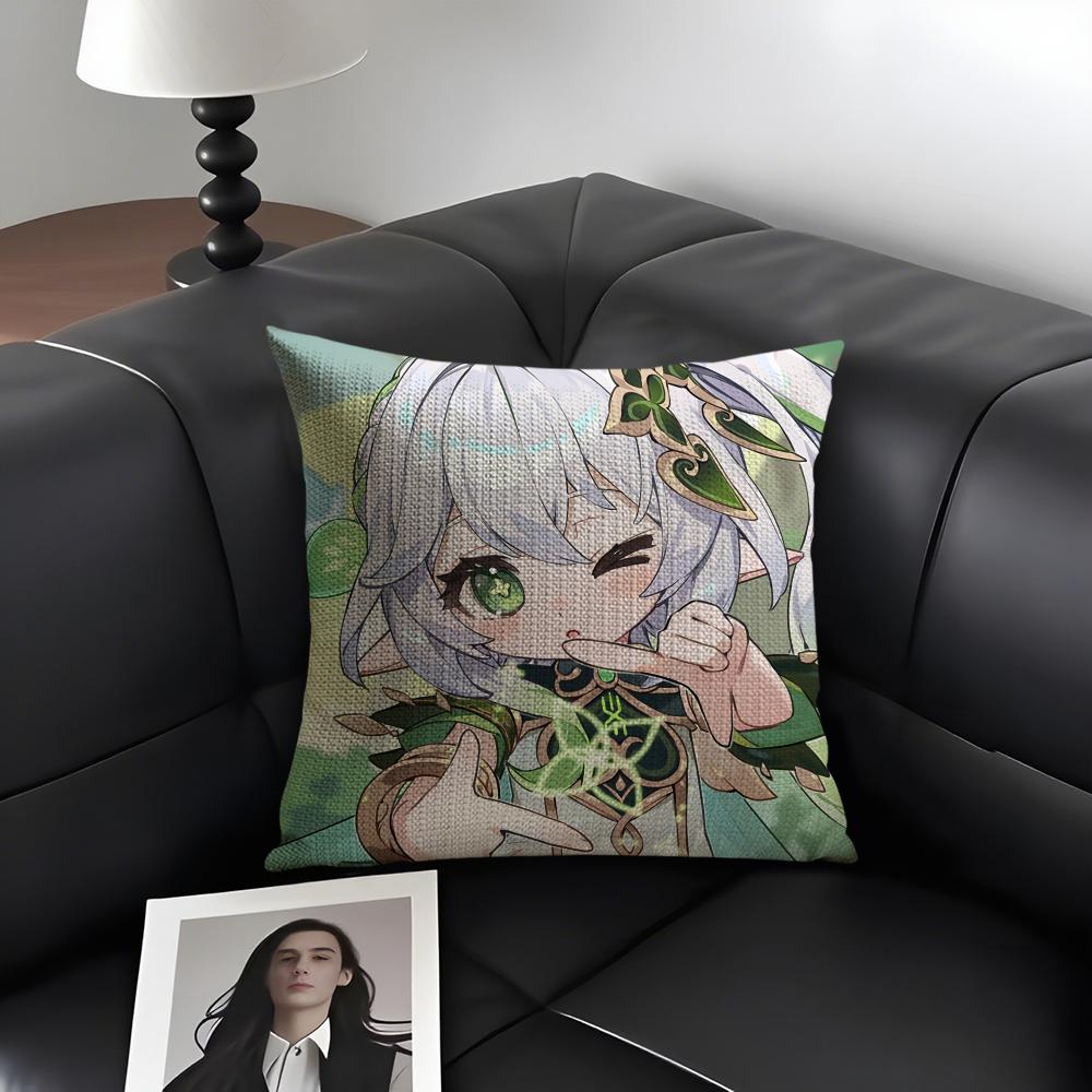 Nahida Genshin Impact Cute Cushion Cover Natural Linen Organic Fabric Double-Sided Printing Sofa Home Decor Gift Pillow Case