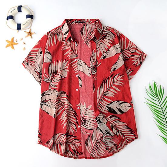 Cămașă pentru bărbați, cu rever, imprimeu cu frunze, cu mânecă scurtă, cu nasturi, cămașă hawaiană pentru club