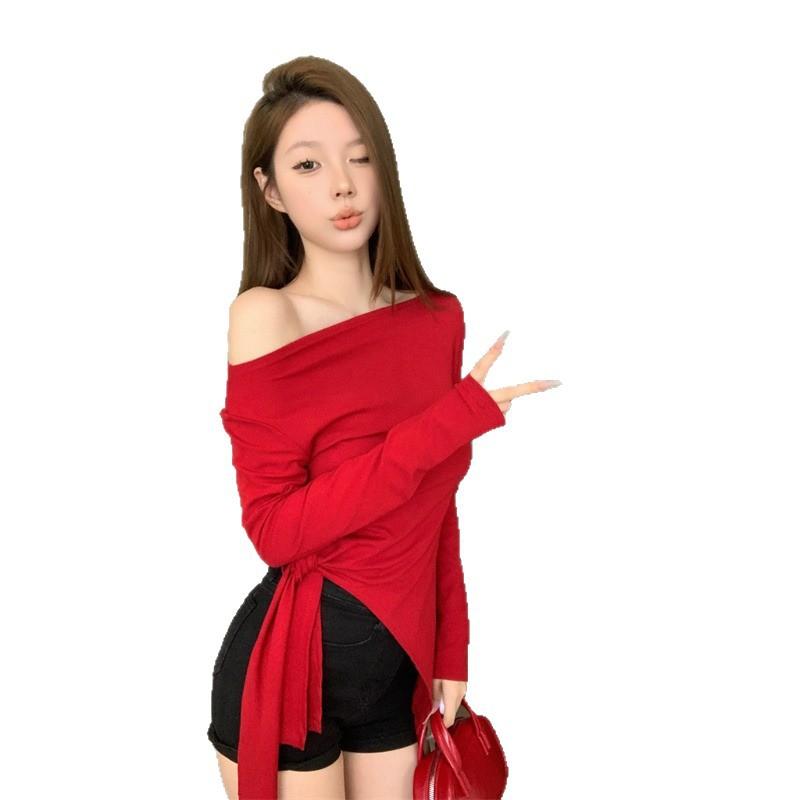 MR [Tmall Quality] One-word Shoulder T-shirt Women's Autumn Sweet Hottie Off-shoulder Waist Slim Strap Split Top