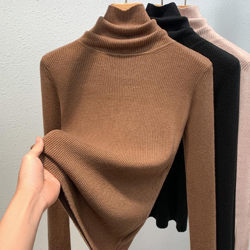 Kvinners Høst og Vinter Høyhals Strikke Bunn Temperament Pure Color Pullover Genser