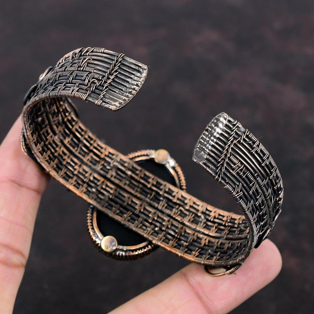 Czarny Turmalin Surowy Mankiet Bransoletka Opleciona Drutem Miedzianym Kamień Szlachetny Bransoletka z Kamienia Księżycowego Ręcznie Robiona Regulowana Bransoletka Unikalna Miedziana Biżuteria