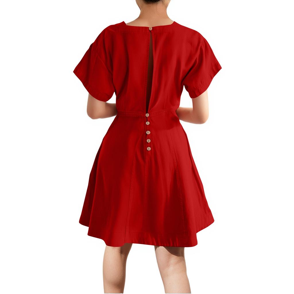 Women's Casual Fashion A-line Skirt Square Tie Button Color Dress