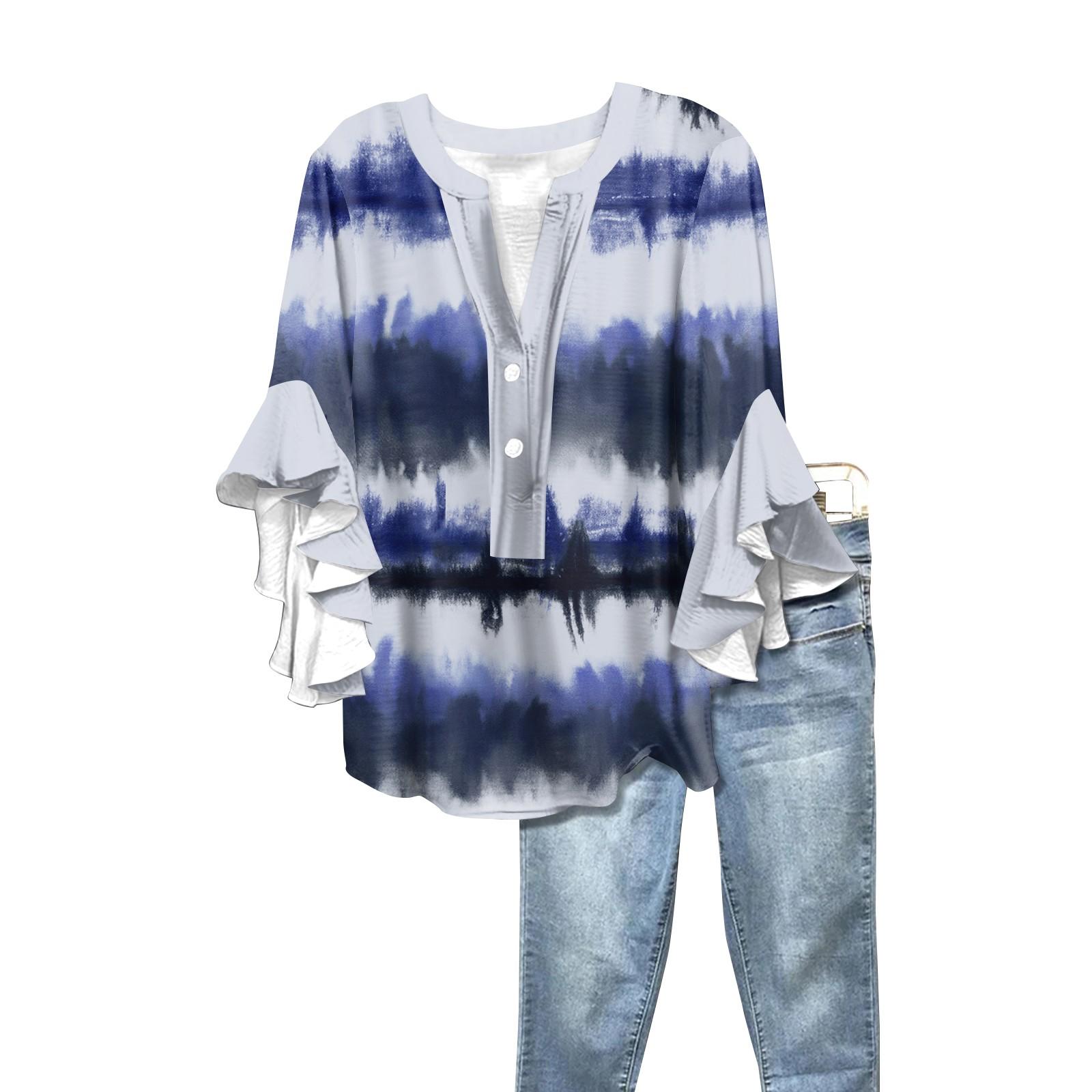 

Summer Tops For Women Cute V Neck 3/4 Sleeve Blouses Floral Print Top Casual Shirts XXL
