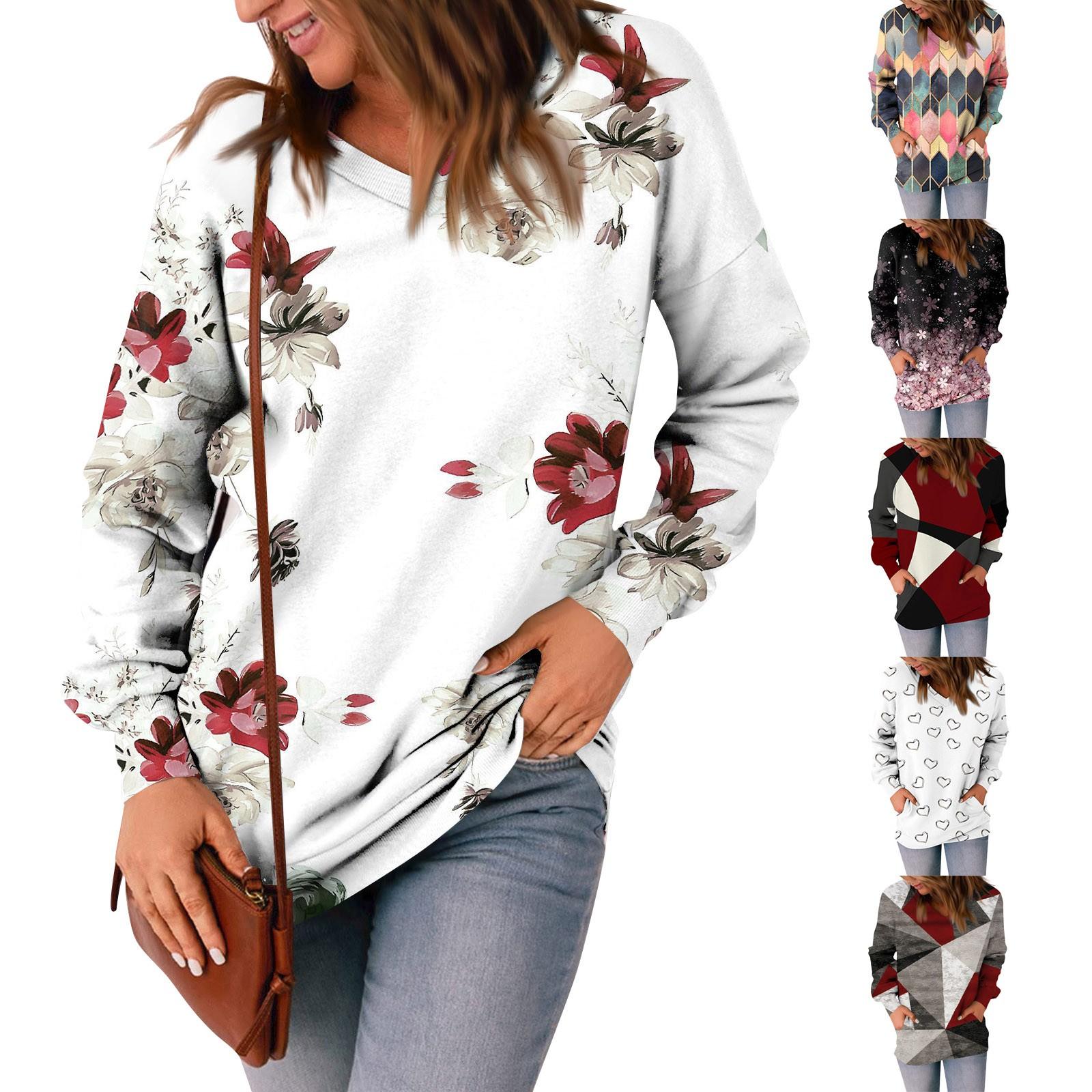 

Женская модная повседневная толстовка с длинным рукавом и v-образным вырезом с принтом