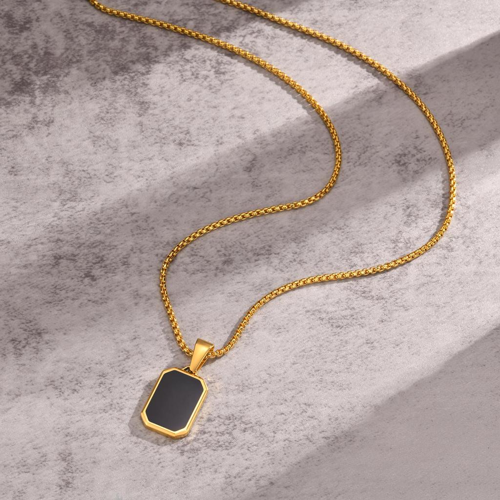 Stainless Steel Rectangle Natural Stone Pendant Necklaces, Minimalist Dainty Chain Necklace, Luxury Fashion Jewelry For Men Gift