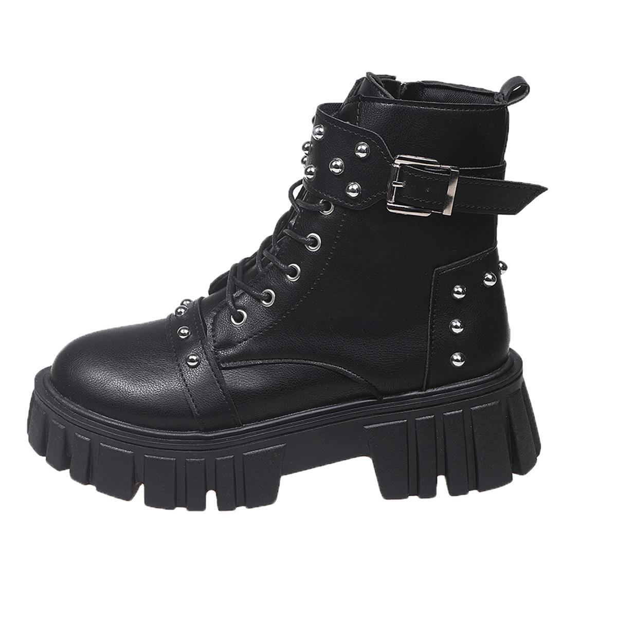 

Осень и зима новые европейский и американский ветер заклепки пряжки ремня толстоподошвенные маленькие короткие ботинки большой размер ботинки Мартин женские 42 чёрный