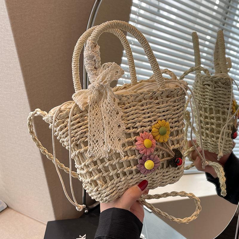 Handmade Woven Bag Women's New Trendy Straw Woven Beach Bag Women Ins Japanese Girl One Shoulder Handbag Women