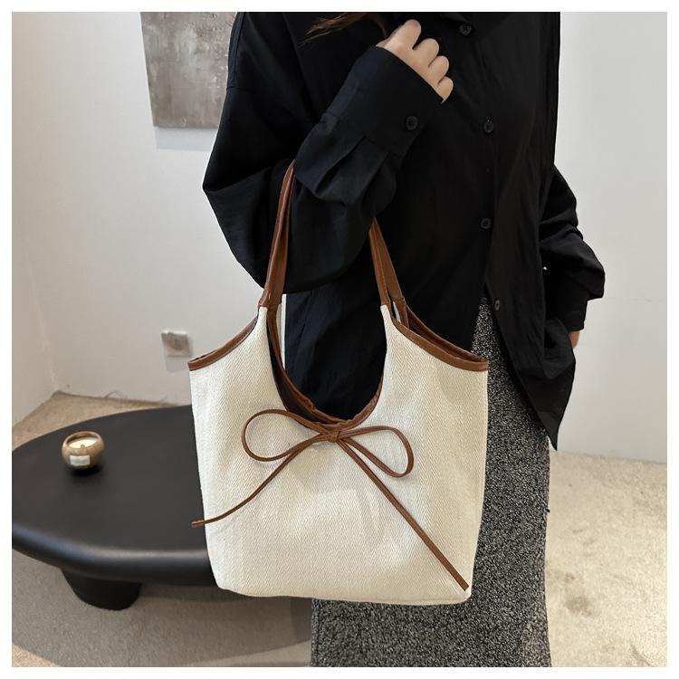 Korean Style Patchwork Canvas Tote Bag Fashion Commuter Handbag with Bow Tie Strap Casual Large Capacity Shoulder Purse CLE