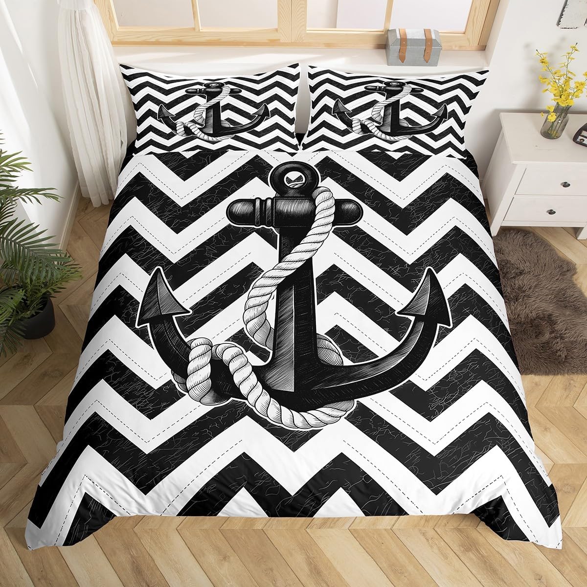 Jessica Chen Unisex Nautical Anchor Duvet Covergeometric Stripes Anchor Bedding Set Twin For Boys Girls Room Decorocean Adventure Comforter Cover
