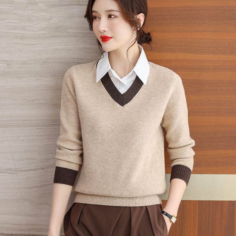 Elegant French-Inspired Faux Twinset Knit Sweater for Women - Chic Long Sleeve Pullover with Collar, Perfect for Fall/Spring