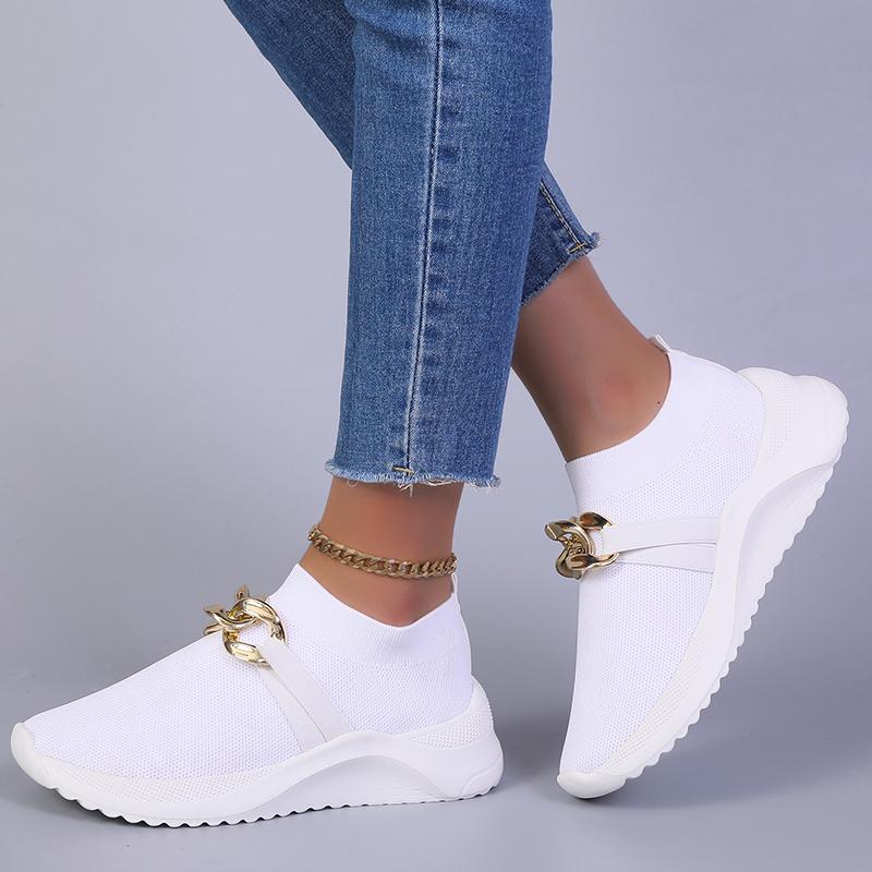 fashion Breathable Knitting Flats Shoes for Women 2024 Autumn Fashion Chain Sports Shoes Woman Platform Slip on Socks Sneakers Plus Size