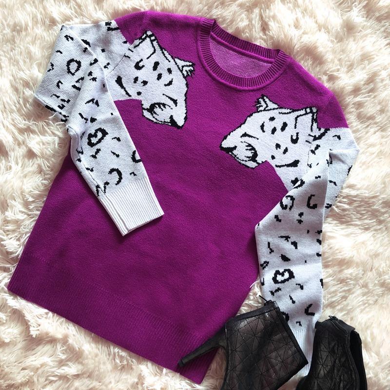Podzimní a zimní dámský leopardí vzor pletený svetr s dlouhým rukávem vlněný svetr