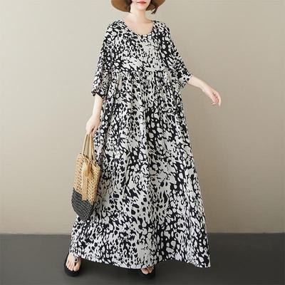 Krátký rukáv Plus size Bavlněné vintage květinové nové šaty pro ženy ležérní volné dlouhé letní šaty