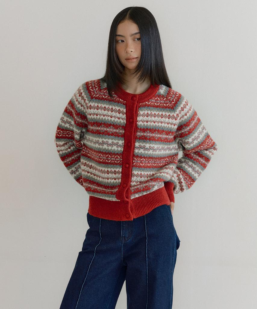 Lucir Zu Fair Isle Raglan Sweater Cardigan (Red)