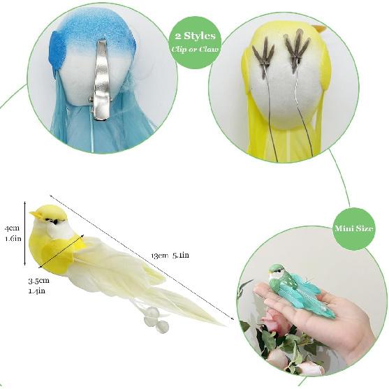 12pcs Artificial Simulation Foam Birds 5.1" Unique Fashion Clip On Decoration Bird with Pearl Feather Tail for Decoration Craft Ornaments Wedding