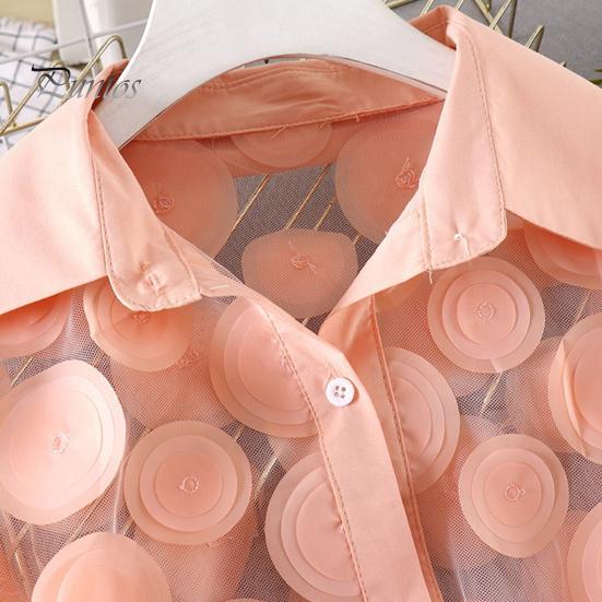 Women Summer Chiffon Shirt Lapel Lantern Long Sleeve Shirt Tops 3D Floral Print Semi-Sheer Mesh Splicing Single Breasted Blouse