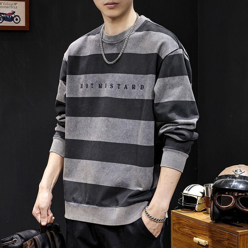 Американская мужская ретро-толстовка с длинным рукавом, вышитая, в полоску, тяжелый вес 8XL