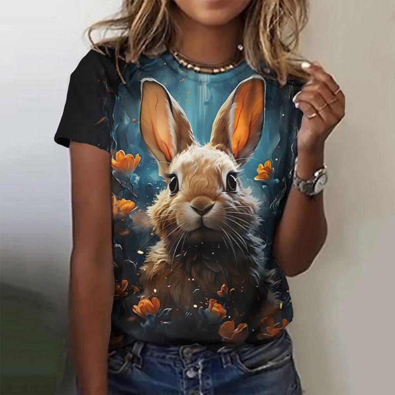 T-shirt Estive per Bambina con Stampa 3D di Coniglio T-shirt per Bambini Top Casual a Manica Corta Pullover alla Moda con Girocollo Abbigliamento per Ragazze