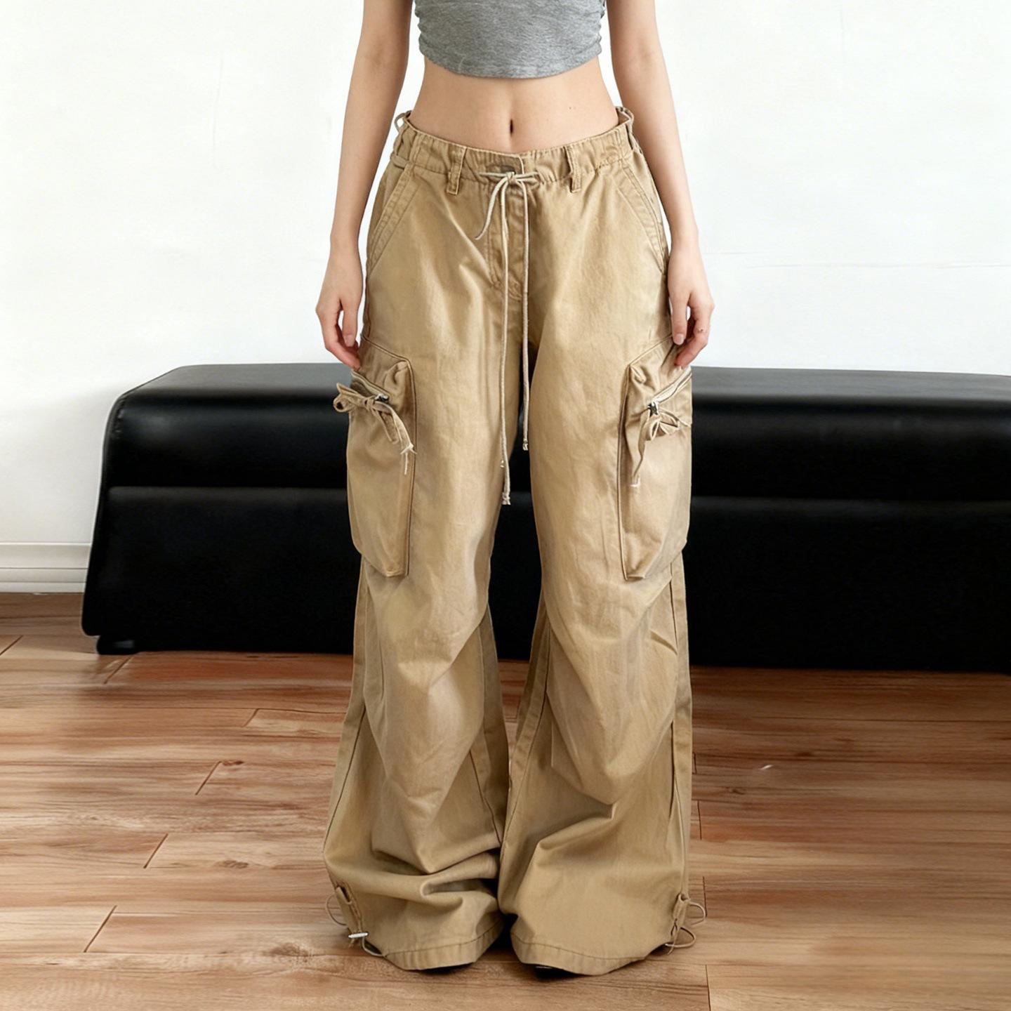 American Wasteland Retro Wide-Leg Denim Pants with Drawstring Waist and 3D Pockets Large