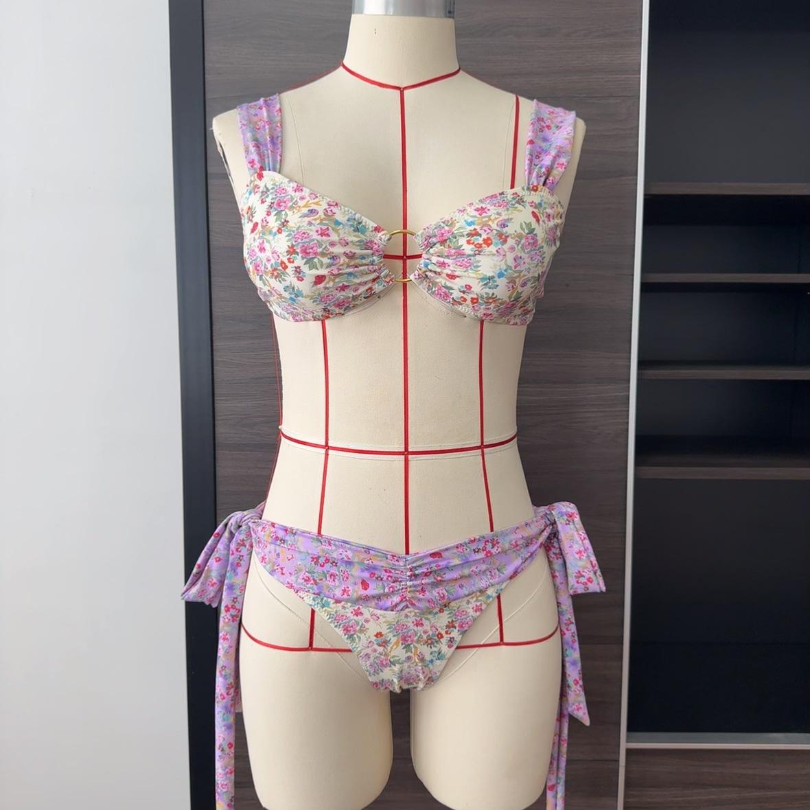 New floral ring strap bikini explosion sexy split swimsuit women S цветочный