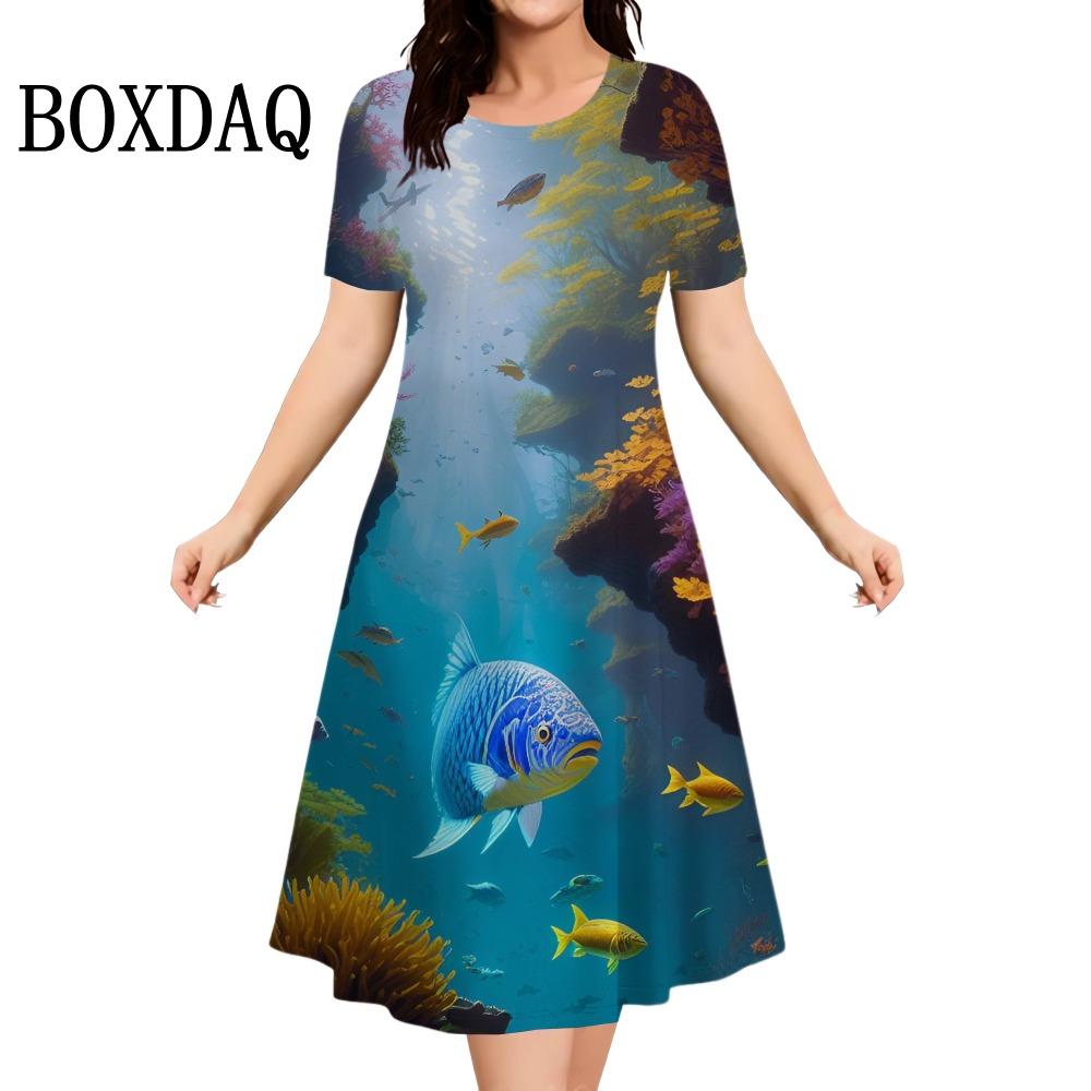 Ladies Fishing Pattern Dress 3D Printed Deep Sea Fish Blue Ocean Style Casual Loose Short-sleeved Dress S
