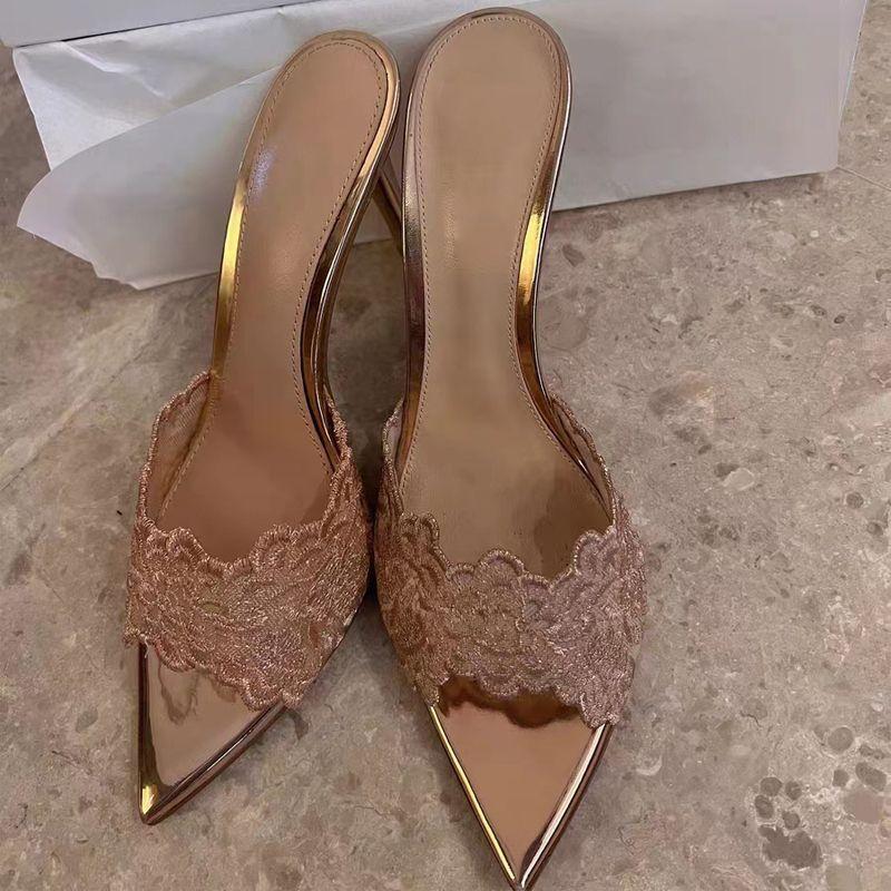 Embroidered Stiletto Single Shoes Banquet High Heels 2025 Summer New Sexy Pointed Champagne Gold Embroidered High Heels Cool Slippers