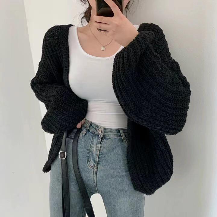 Korean Chic Autumn V-Neck Casual Loose Knit Cardigan with Lantern Sleeves
