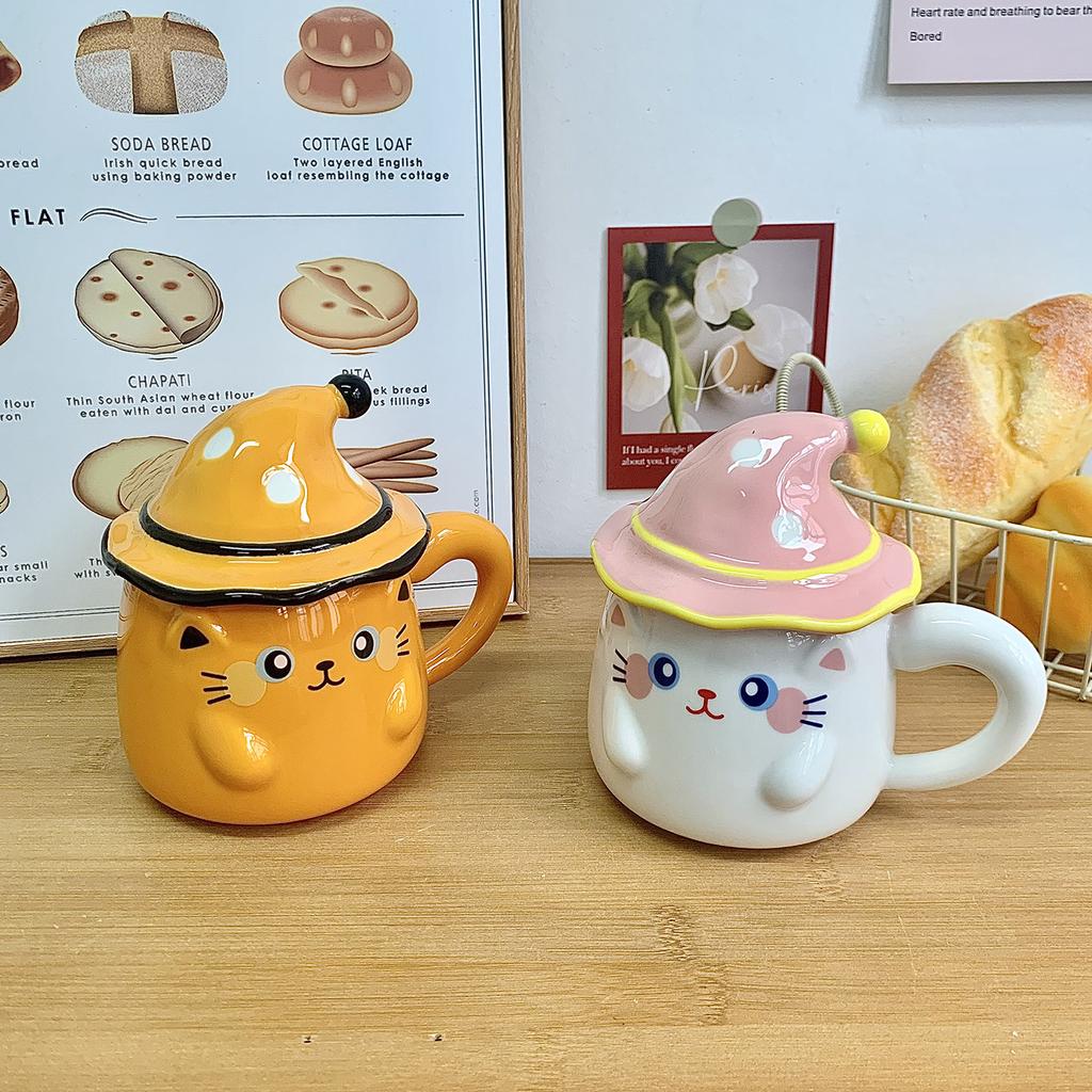 Cat mug with lid Ceramic cup Girls water cup Office coffee Breakfast cup Birthday gift souvenir
