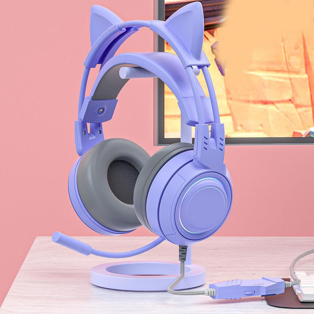 Cat Ear Headphones with Noise Reduction Detachable Ear Gaming Headset Microphone, Ears, All-Wrap Cups, Over-Ear (Purple)
