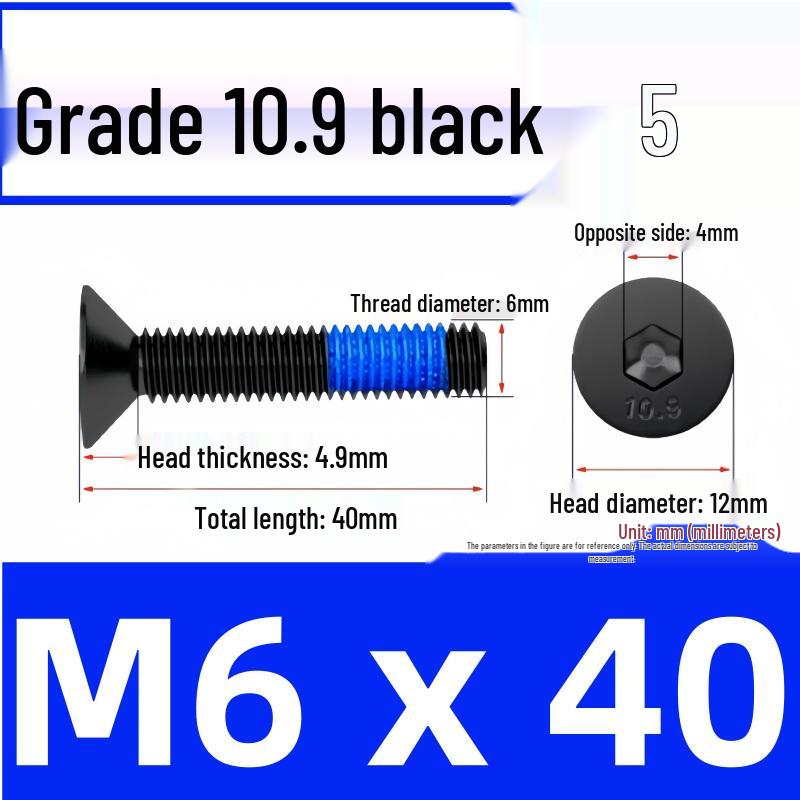 Black Anti-Slip Flat Cup Screw with Adhesive Blue Glue, Countersunk Hexagon Socket, Available in M2-M8 Sizes
