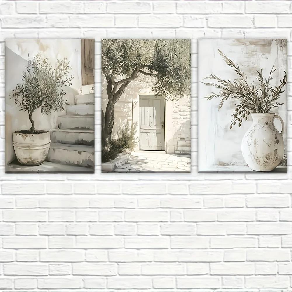 Leinwandposter, Retro Kunst Olivenbaum, Mediterrane Landschaft Wandkunst Drucke, Schlafzimmer Küche Flur Wanddekoration