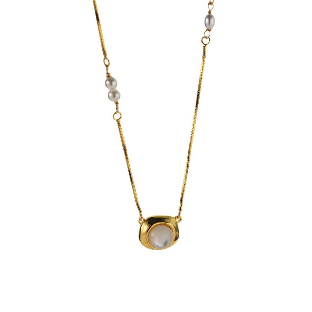 Niche High-Grade Metal Copper Plated 18K Real Gold Inlaid White Shell Sweater Chain Women'S Personality Fashion Temperament Versatile Necklace