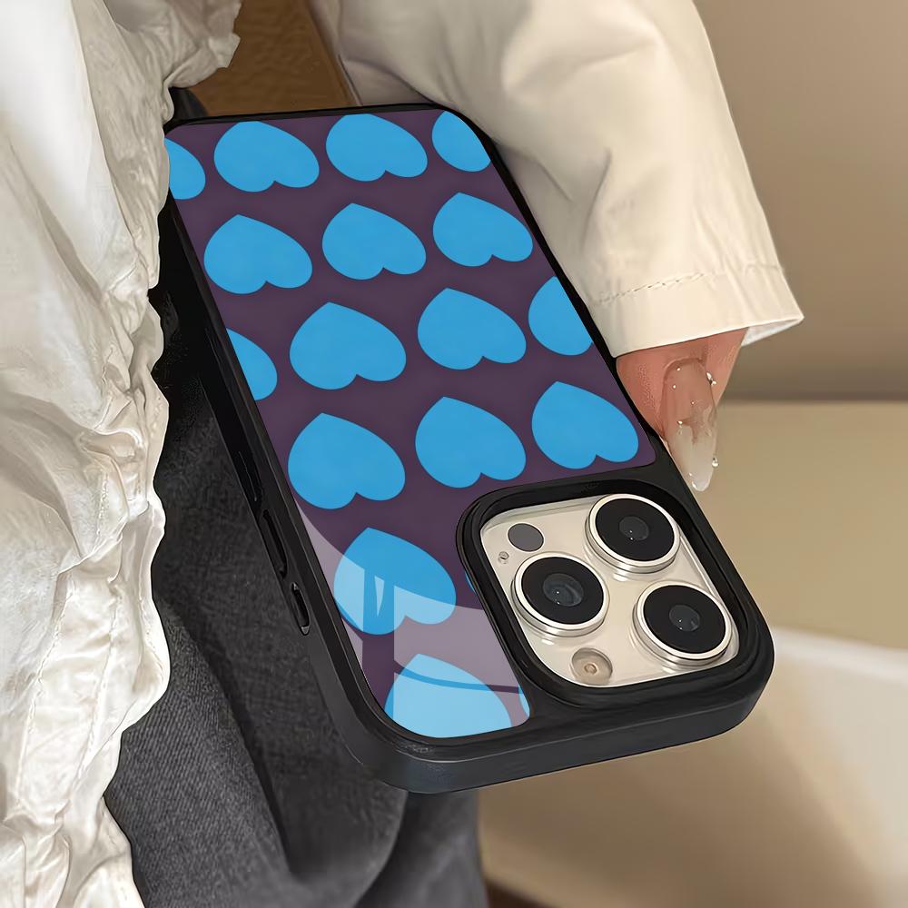 Blue heart-shaped design glass phone case suitable for iPhone17 16 15 14 13 12 11Pro/Max/Plus shockproof and anti drop backcover