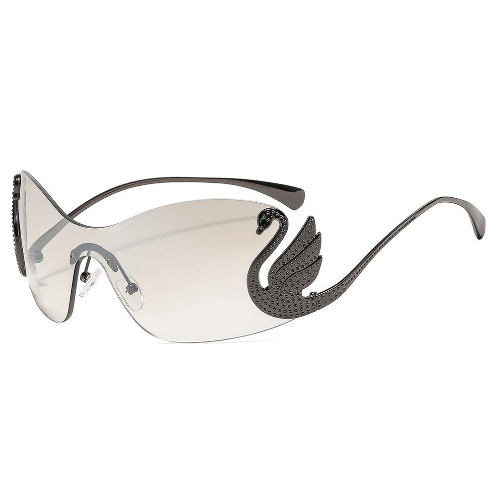 New Fashion Women Oversized Frameless Sunglasses Ins Luxury Personality Swan Inlaid Integrated Gradient Lens Sun Glasses Uv400