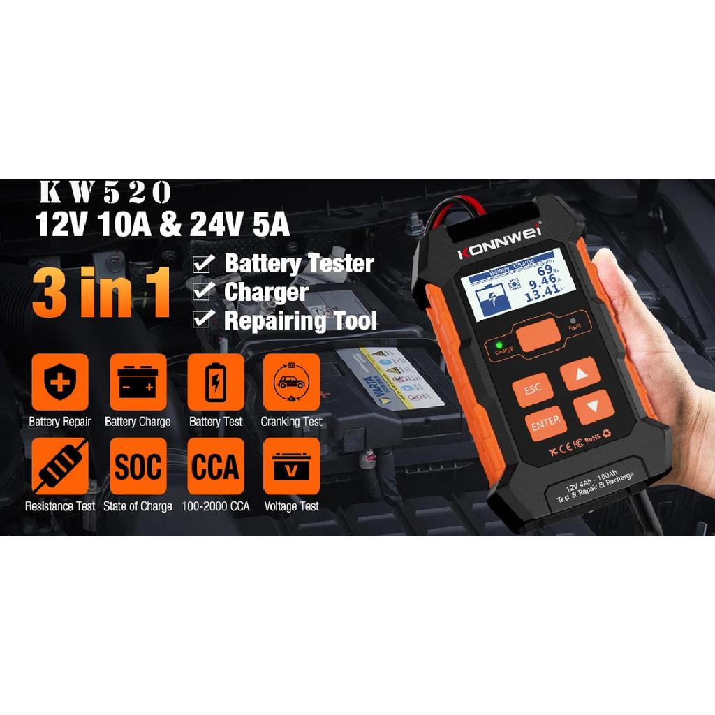 KONNWEI KW208 Battery Tester 12V Automotive Battery Charger Inspection Tools 100 to 2000CCA Cranking Charging Circut Analyzer