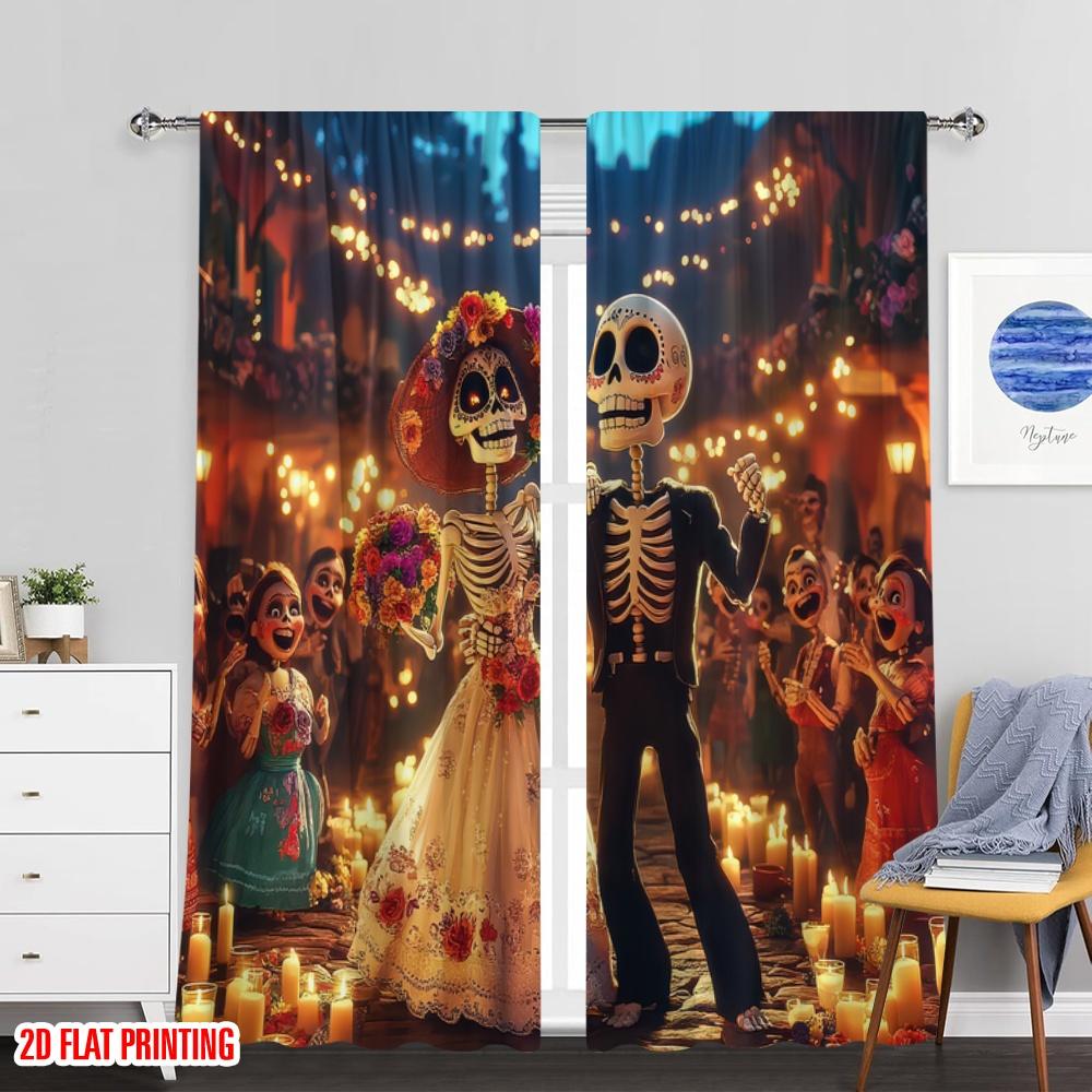Flat Printing Colorful Day Dead Scene Curtain Flowers Versatile Polyester Without Electricity Curtains Set Of 2 Made