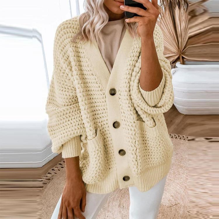 Damski sweter kardigan z grubej dzianiny na co dzień z długim rękawem zapinany z przodu jednolity kolor moda