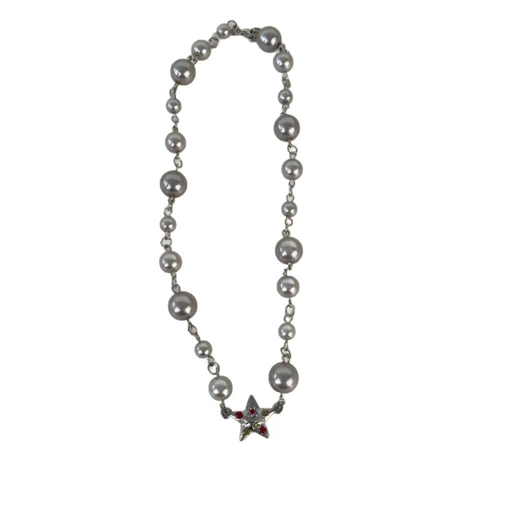 Trendy and cool double-layer gray pearl beaded star necklace, female niche stacked wearing removable pearl long collarbone neck chain